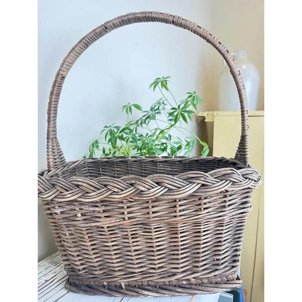 Vintage Rustic Mid Century Dark Brown Primitive Gathering Basket High Handle 18”